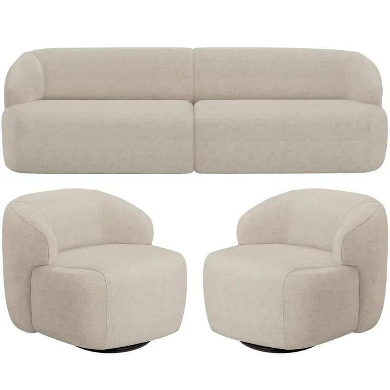 Sofá 3 Lugares Curvo Orgânico com 02 Poltronas Para Sala Living 220cm Barolo L06 Linho Bege Escuro - Lyam Decor