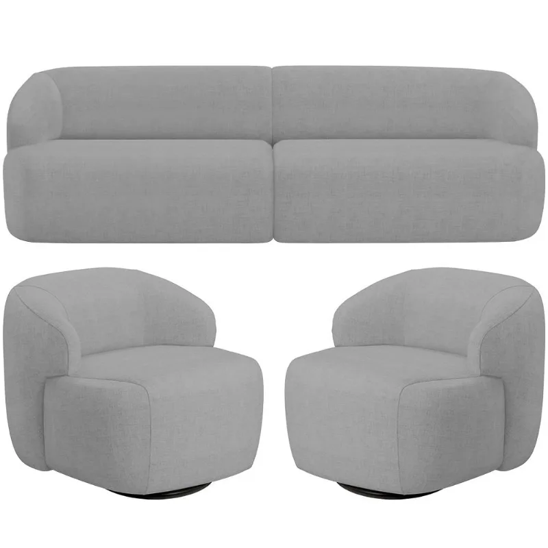 Sofá 3 Lugares Curvo Orgânico com 02 Poltronas Para Sala Living 220cm Barolo L06 Linho Cinza Escuro - Lyam Decor - Lyam Decor