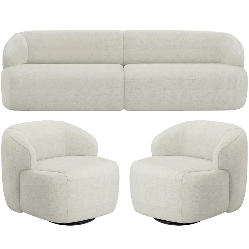 Sofá 3 Lugares Curvo Orgânico com 02 Poltronas Para Sala Living 220cm Barolo L06 Linho Cru - Lyam Decor - Lyam Decor