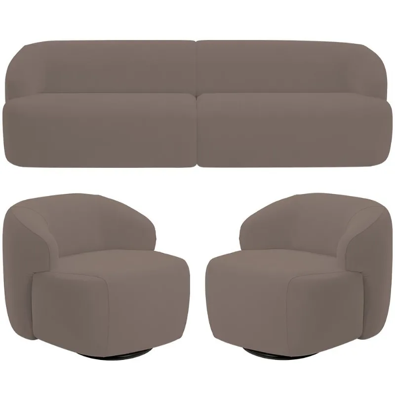 Sofá 3 Lugares Curvo Orgânico com 02 Poltronas Para Sala Living 220cm Barolo L06 Veludo Marrom - Lyam Decor - Lyam Decor