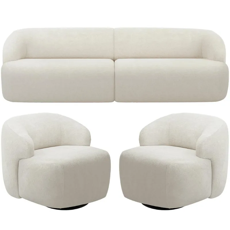 Sofá 3 Lugares Curvo Orgânico com 02 Poltronas Para Sala Living 250cm Barolo L06 Bouclê Off White - Lyam Decor
