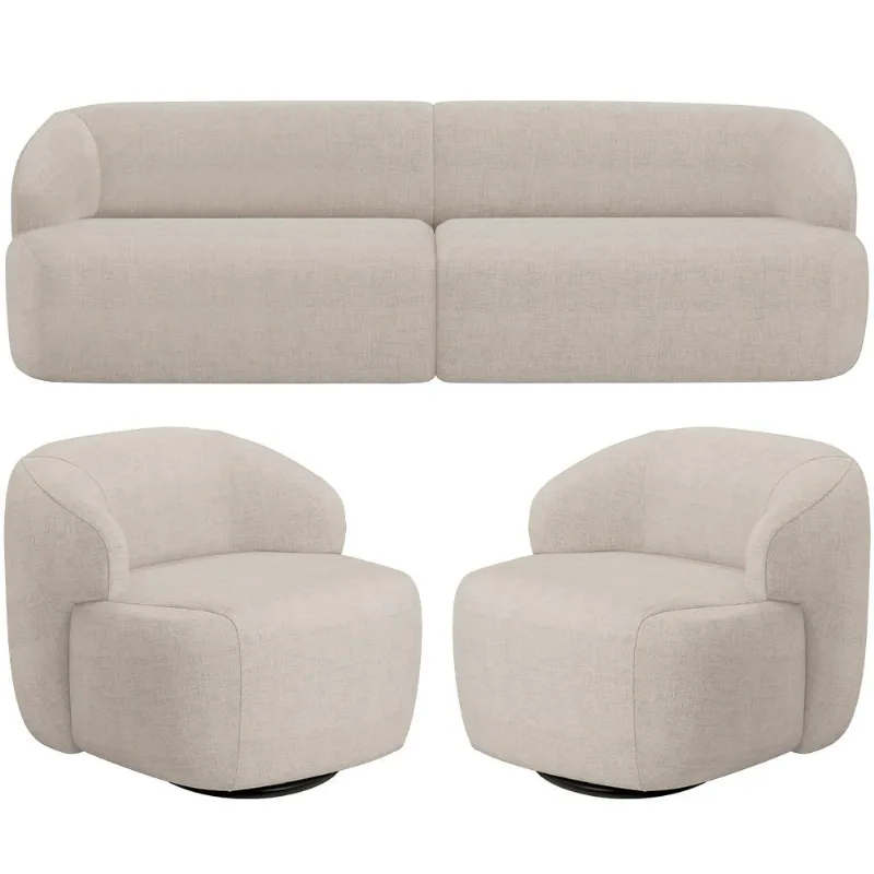 Sofá 3 Lugares Curvo Orgânico com 02 Poltronas Para Sala Living 250cm Barolo L06 Linho Bege - Lyam Decor - Lyam Decor