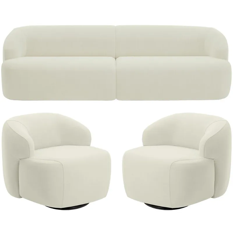 Sofá 3 Lugares Curvo Orgânico com 02 Poltronas Para Sala Living 250cm Barolo L06 Veludo Bege - Lyam Decor