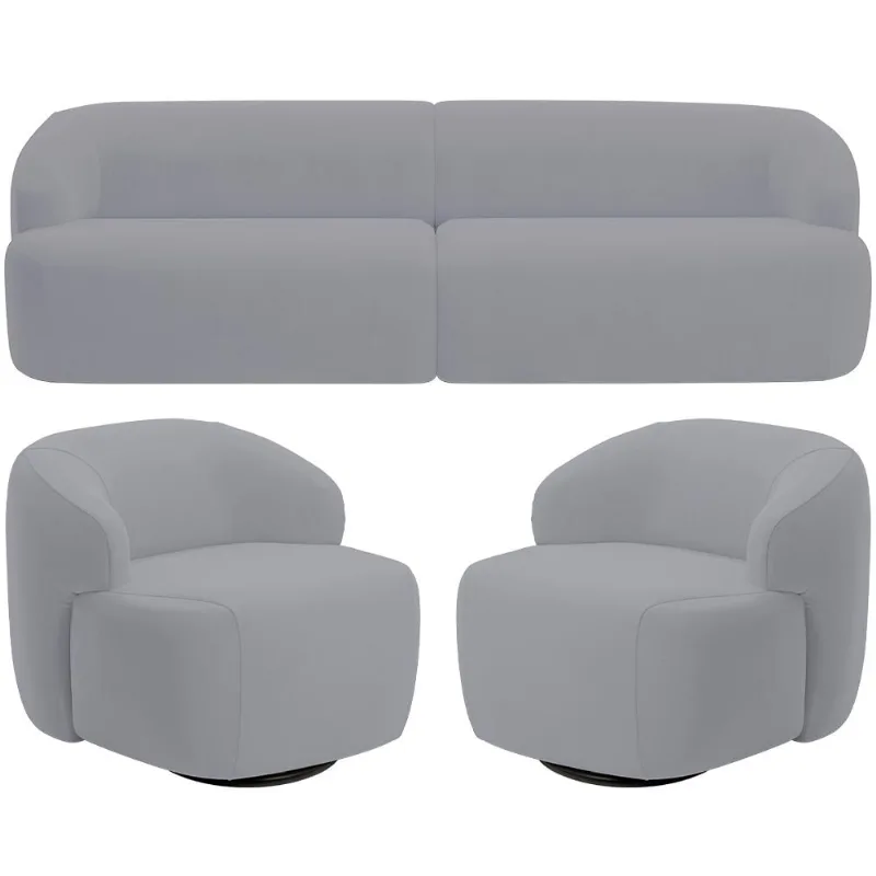 Sofá 3 Lugares Curvo Orgânico com 02 Poltronas Para Sala Living 250cm Barolo L06 Veludo Cinza - Lyam Decor - Lyam Decor