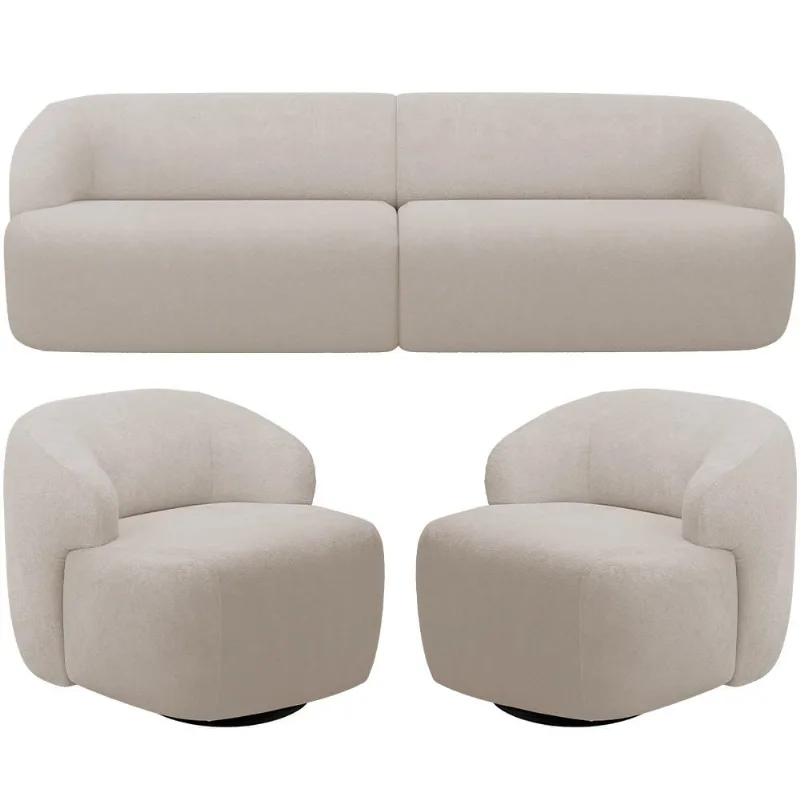 Sofá 4 Lugares Curvo Orgânico com 02 Poltronas Para Sala Living 280cm Barolo L06 Bouclê Bege - Lyam Decor - Lyam Decor