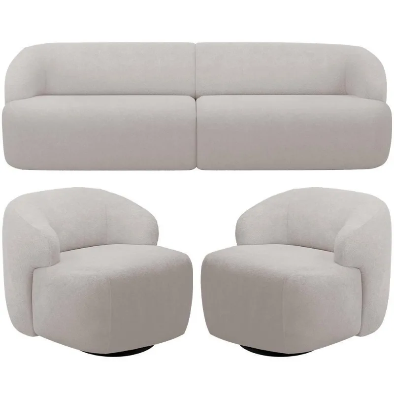 Sofá 4 Lugares Curvo Orgânico Com 02 Poltronas Living 280cm Barolo L06 Bouclê Cinza