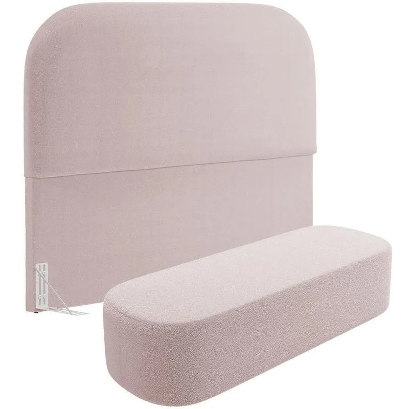 Cabeceira Cama Box Casal 140cm Lanna Com Puff Recamier Doha W01 Bouclê Rosê - Lyam Decor
