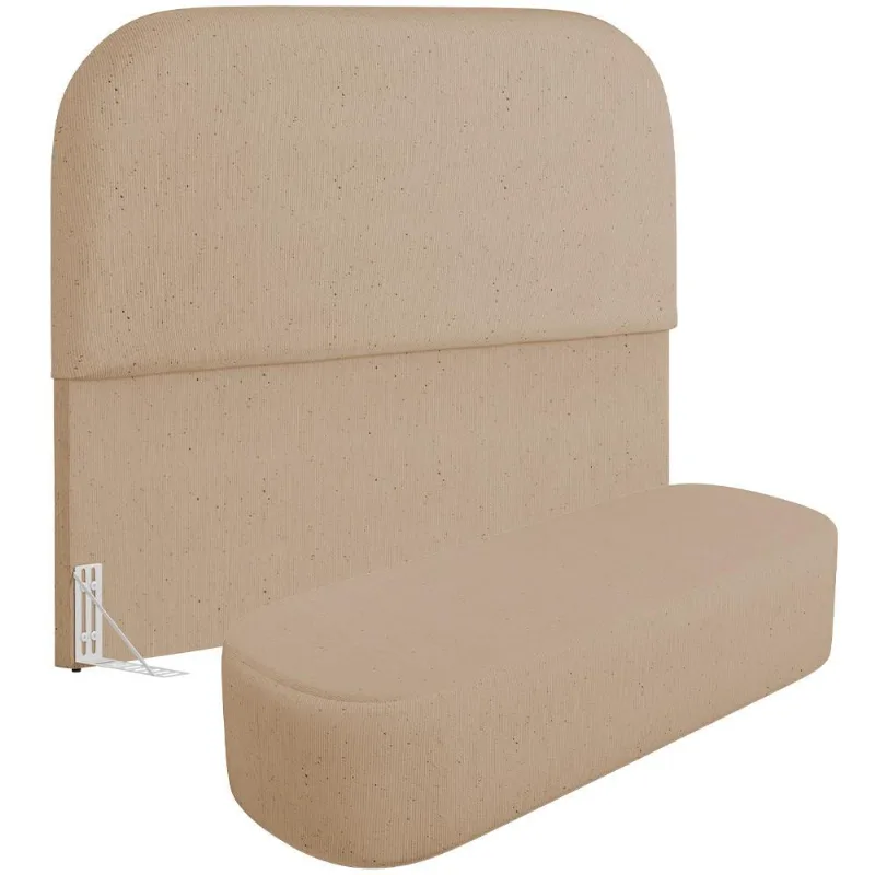 Cabeceira Cama Box Casal 140cm Lanna com Puff Recamier Doha W01 Linho Bege Escuro - Lyam Decor