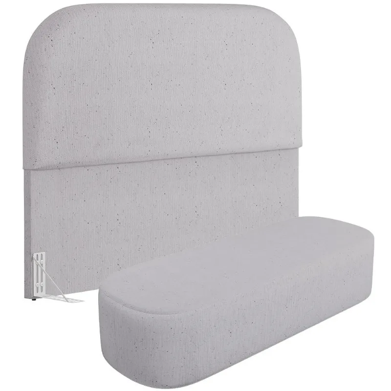 Cabeceira Cama Box Casal 140cm Lanna com Puff Recamier Doha W01 Linho Cinza - Lyam Decor