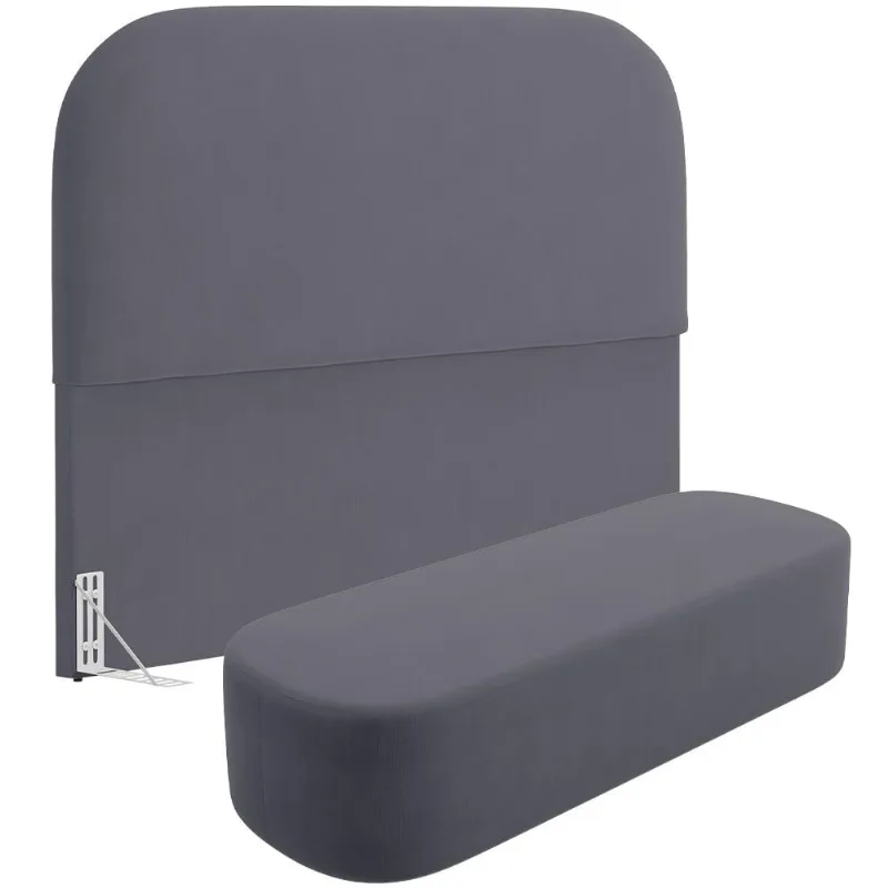 Cabeceira Cama Box Casal 140cm Lanna com Puff Recamier Doha W01 Suede Cinza - Lyam Decor