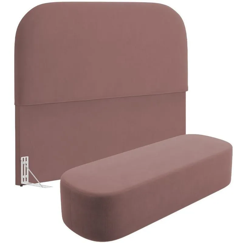 Cabeceira Cama Box Casal 140cm Lanna Com Puff Recamier Doha W01 Suede Rosê - Lyam Decor