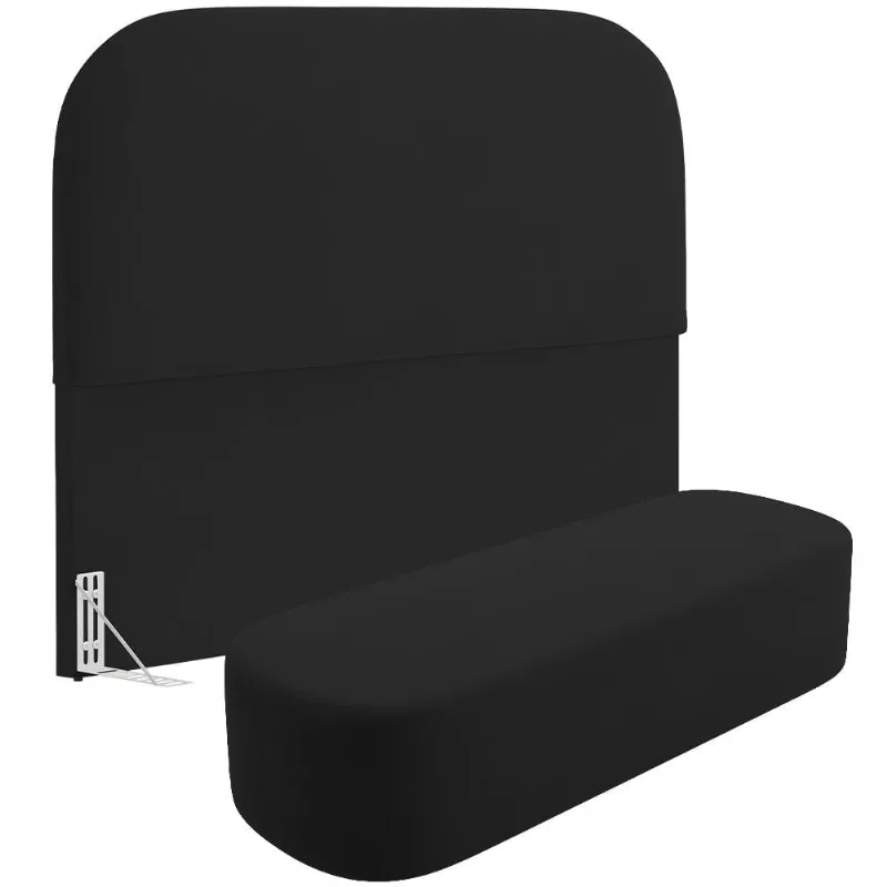 Cabeceira Cama Box Casal 140cm Lanna com Puff Recamier Doha W01 Suede Preto - Lyam Decor