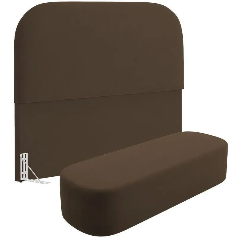 Cabeceira Cama Box Casal 140cm Lanna Com Puff Recamier Doha W01 Suede Marrom - Lyam Decor