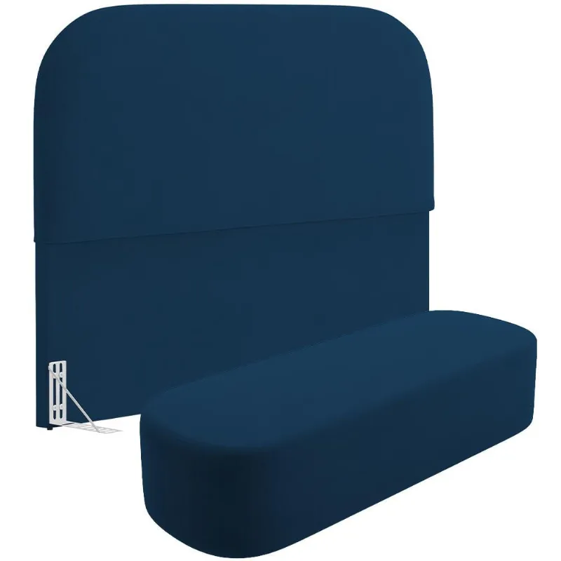 Cabeceira Cama Box Queen 160cm Lanna com Puff Recamier Doha W01 Suede Azul Marinho - Lyam Decor