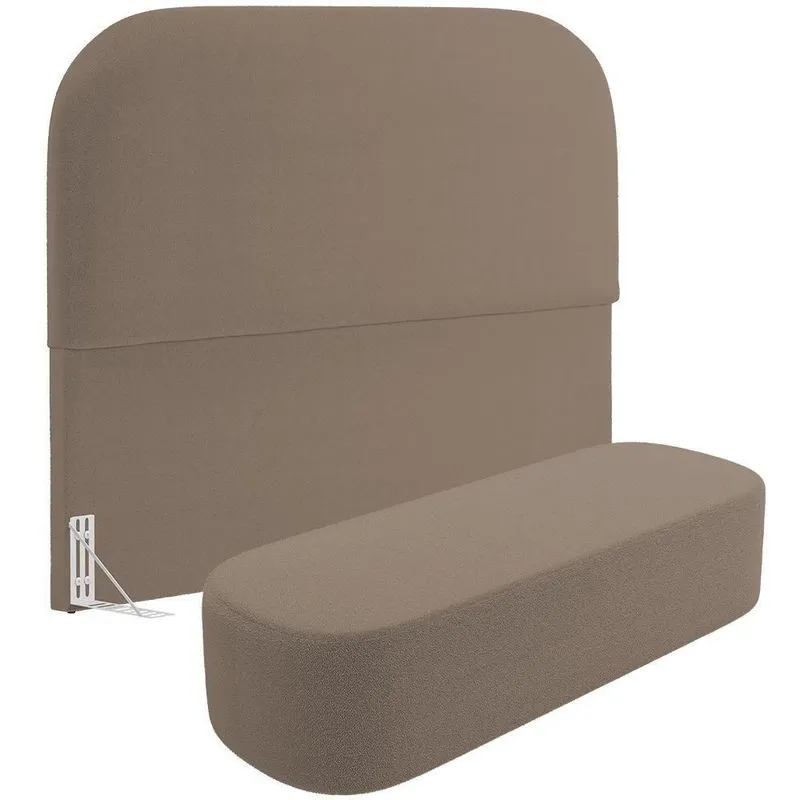 Cabeceira Cama Box King 195cm Lanna Com Puff Recamier Doha W01 Bouclê Bege - Lyam Decor