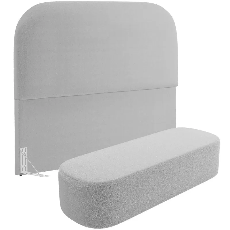 Cabeceira Cama Box King 195cm Lanna com Puff Recamier Doha W01 Bouclê Cinza - Lyam Decor
