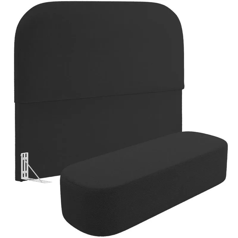 Cabeceira Cama Box King 195cm Lanna com Puff Recamier Doha W01 Bouclê Preto - Lyam Decor