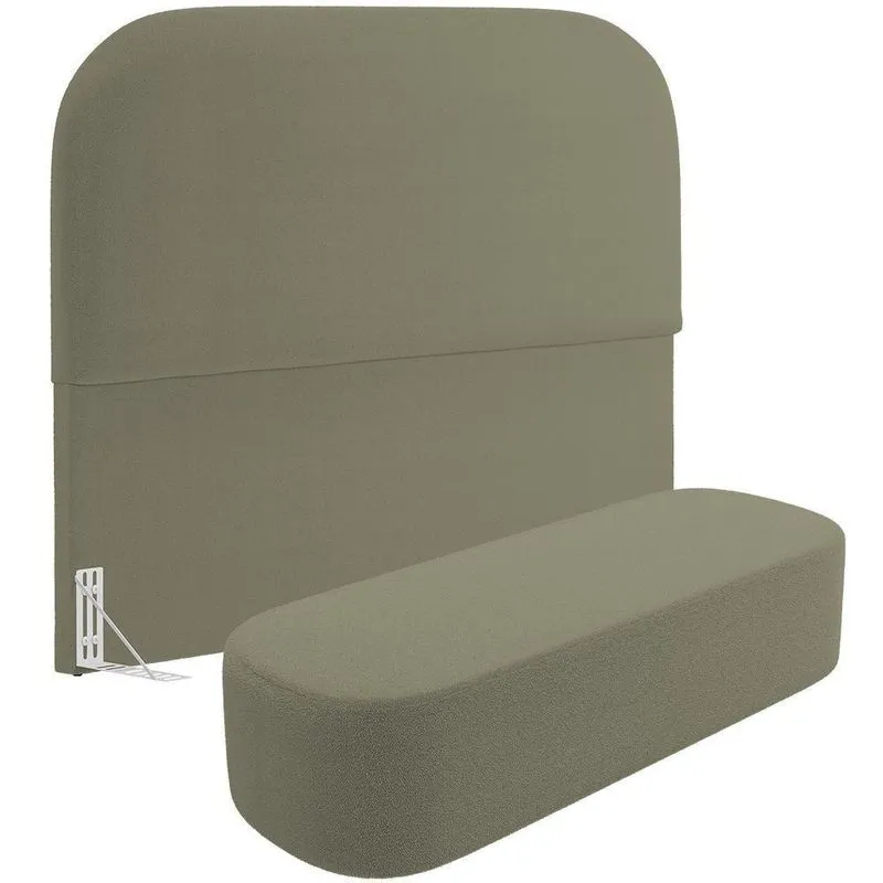 Cabeceira Cama Box King 195cm Lanna Com Puff Recamier Doha W01 Bouclê Oliva - Lyam Decor