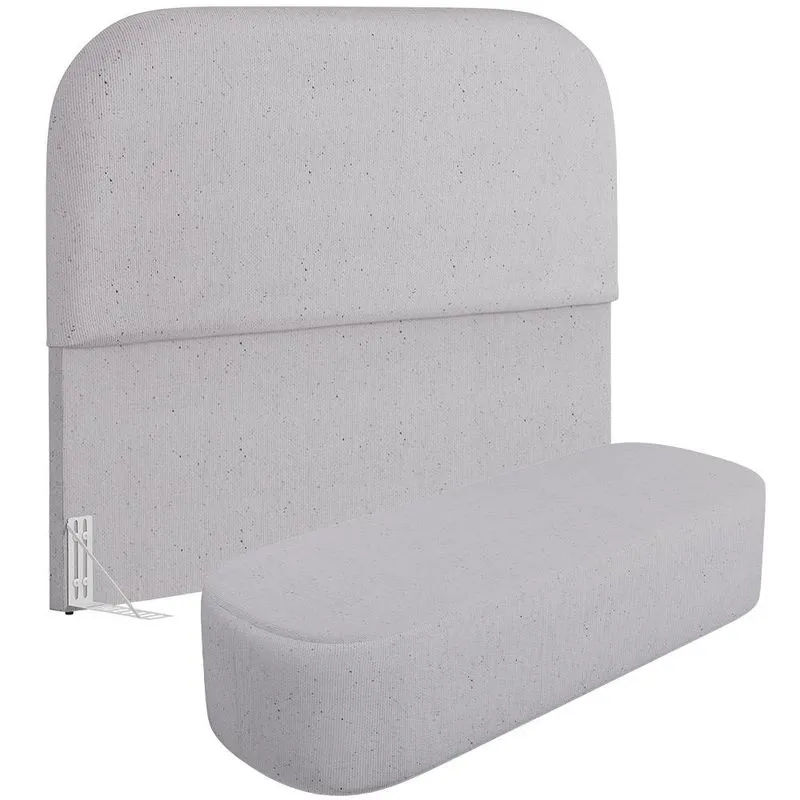 Cabeceira Cama Box King 195cm Lanna com Puff Recamier Doha W01 Linho Cinza - Lyam Decor