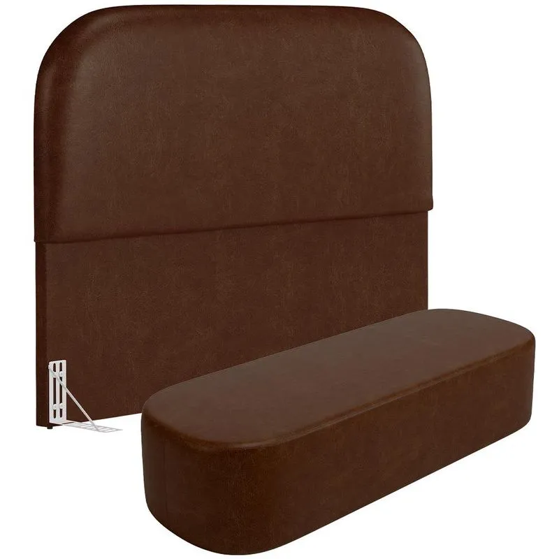 Cabeceira Cama Box King 195cm Lanna com Puff Recamier Doha W01 Couríssimo Marrom - Lyam Decor