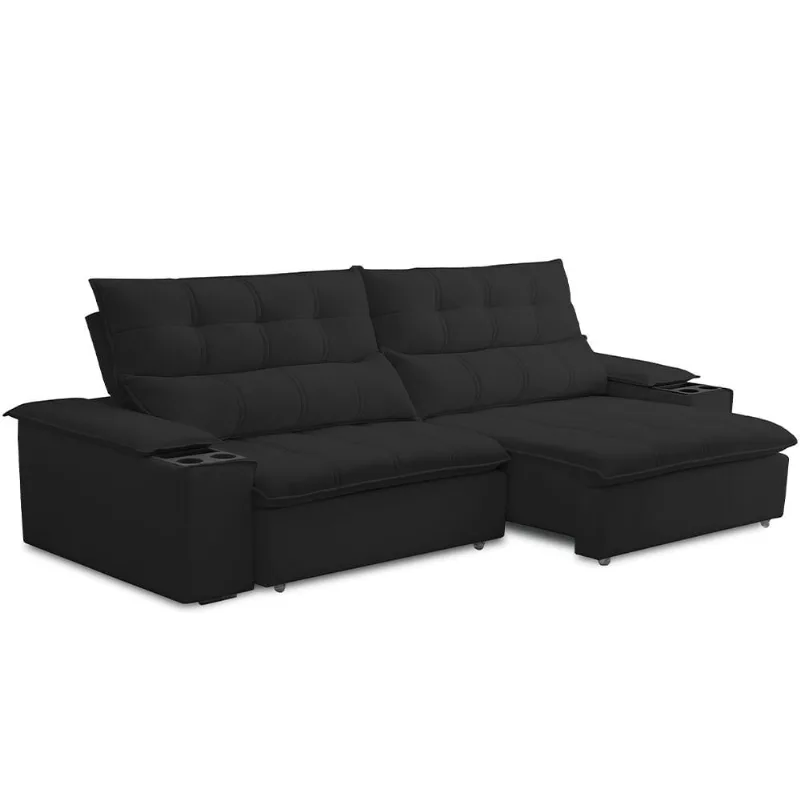 Sofá Retrátil Reclinável Para Sala de Estar Living 250cm Ártico F04 Veludo Preto - Lyam Decor