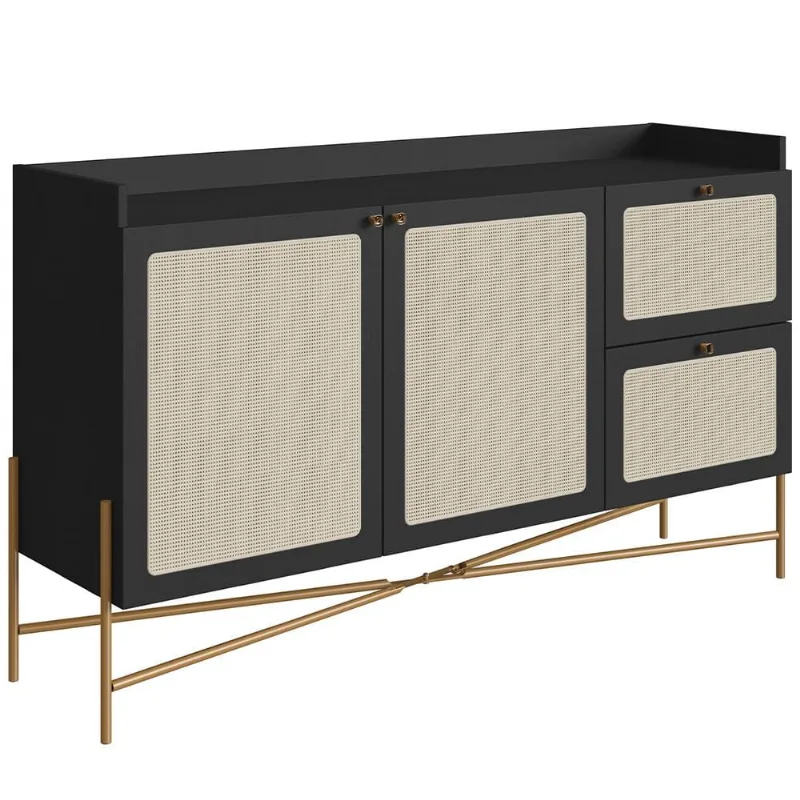 Aparador Buffet Para Sala de Jantar 139cm Industrial Indy A03 Nero Dourado - Lyam Decor - Lyam Decor