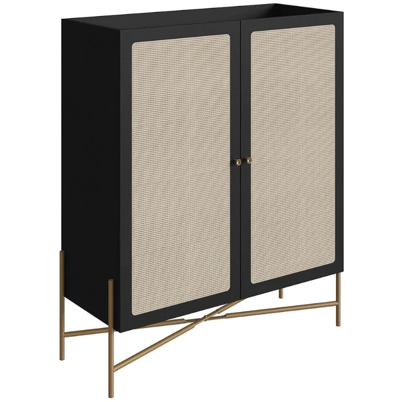 Armário Bar Para Sala 2 Portas 93cm Industrial Indy A03 Nero Dourado - Lyam Decor