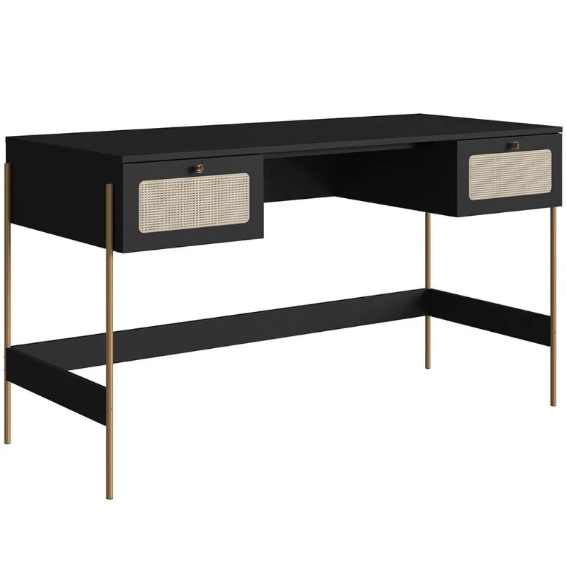 Mesa Escrivaninha Home Office 2 Gavetas Industrial Indy A03 Nero Dourado - Lyam Decor