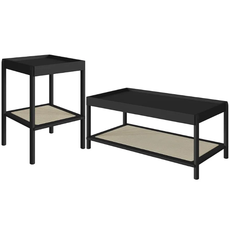 Conjunto Mesa de Centro e Mesa Lateral Para Sala Pés Madeira Moss A03 Nero Preto - Lyam Decor - Lyam Decor