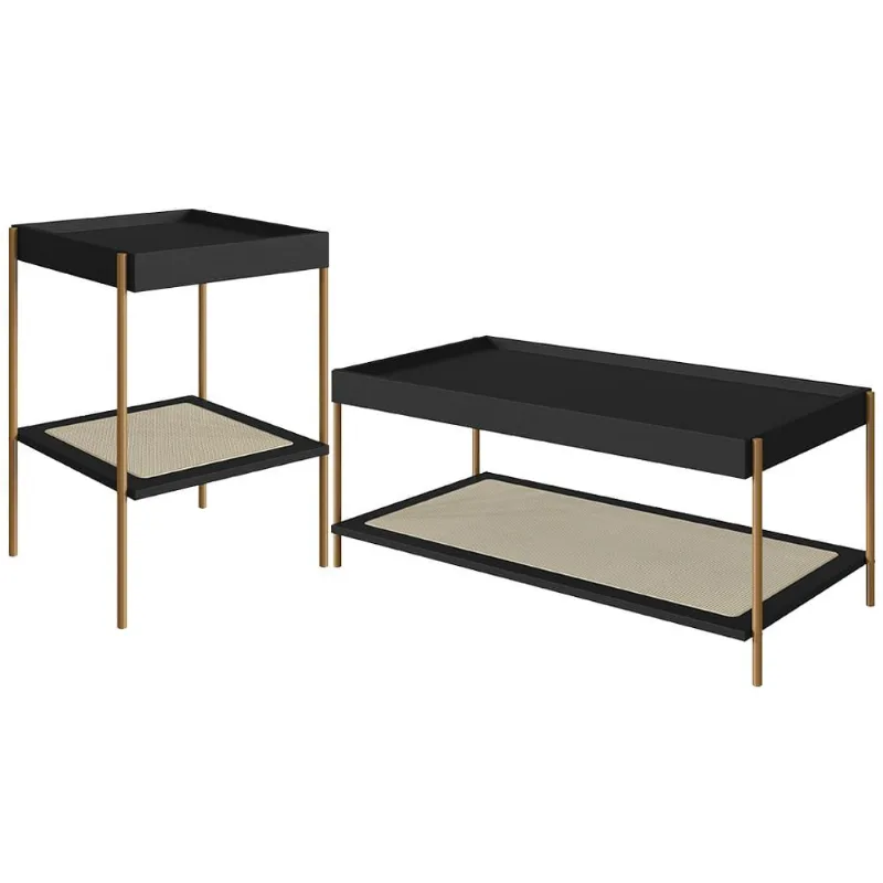 Conjunto Mesa de Centro e Mesa Lateral Para Sala Industrial Indy A03 Nero Dourado - Lyam Decor - Lyam Decor