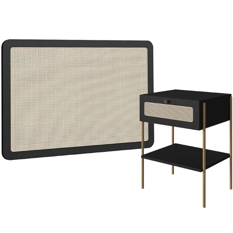Kit 02 Mesas de Cabeceira 01 Gaveta com Telinha Industrial Indy A03 Nero Dourado - Lyam Decor - Lyam Decor