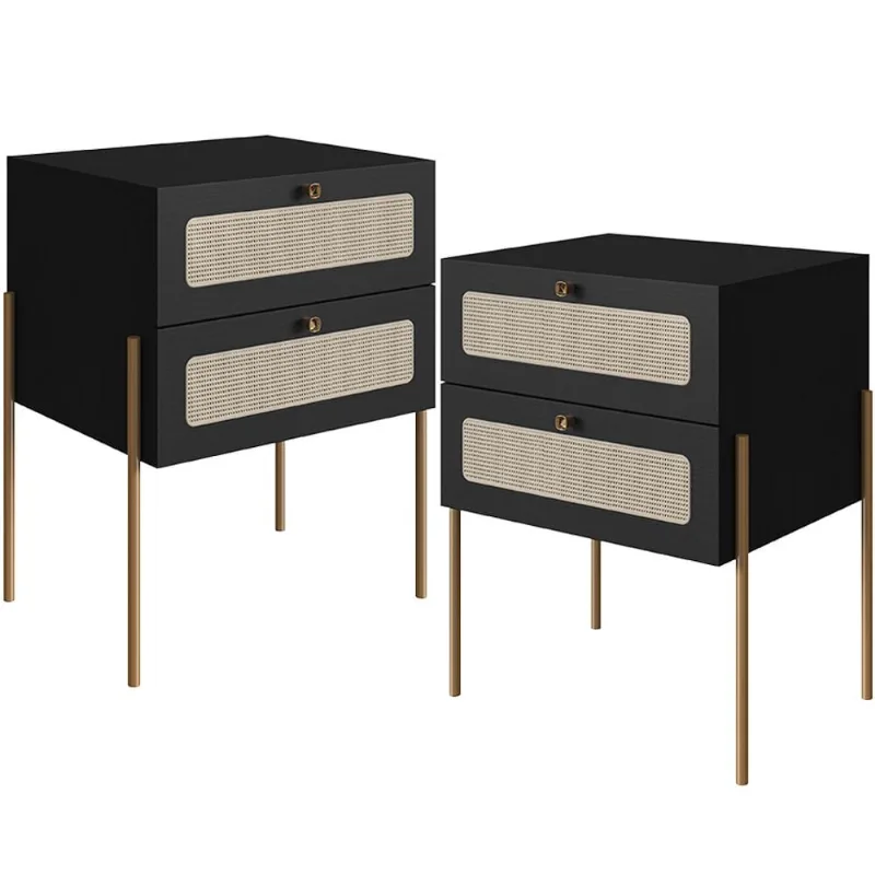 Kit 02 Mesas de Cabeceira 02 Gavetas com Telinha Industrial Indy A03 Nero Dourado - Lyam Decor - Lyam Decor