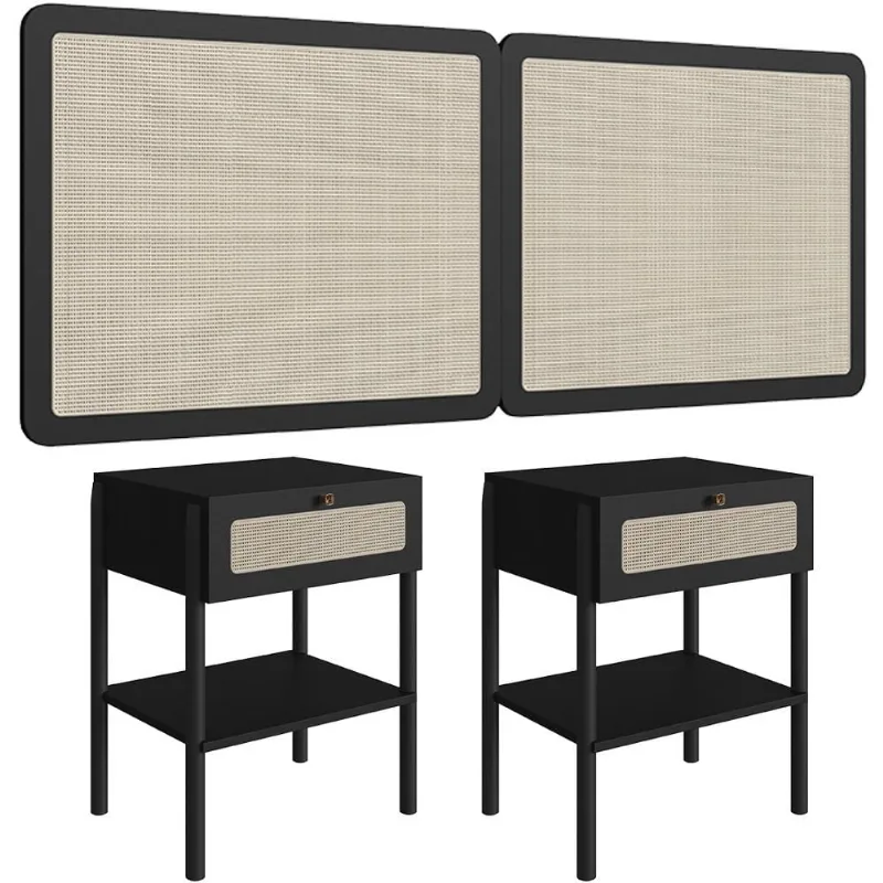 Cabeceira Casal Queen 160cm e 2 Mesas Laterais 1 Gaveta Madeira Moss A03 Nero Preto- Lyam Decor
