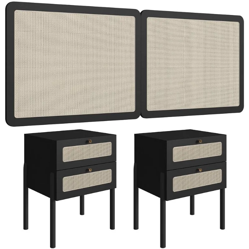 Cabeceira Casal Queen 160cm e 2 Mesas Laterais 2 Gavetas Madeira Moss A03 Nero Preto- Lyam Decor