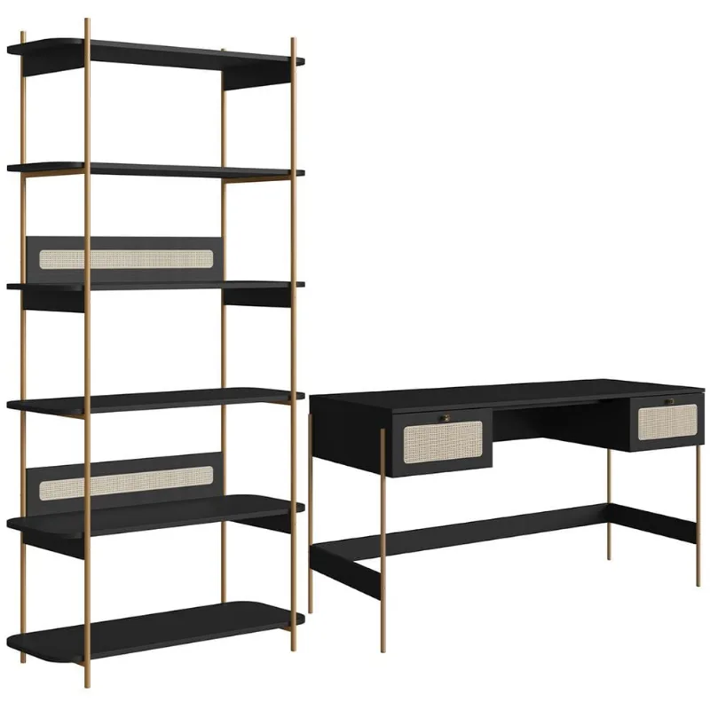 Estante Livreiro Home Office e Mesa Escrivaninha Industrial Indy A03 Nero Dourado - Lyam Decor - Lyam Decor