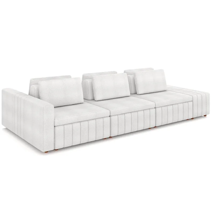 Sofá Ilha com Puff para Sala Living 365cm Amber M03 Bouclê Branco - Lyam Decor