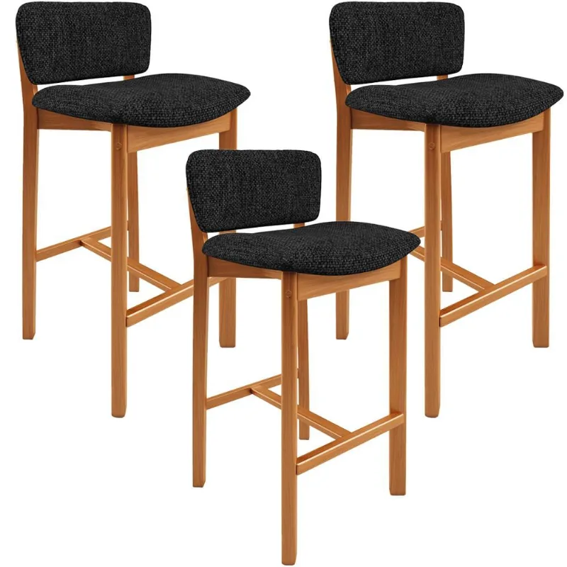 Kit 03 Banquetas Alta Para Cozinha Sala de Jantar Bar Dara L02 Linho Chumbo - Lyam Decor
