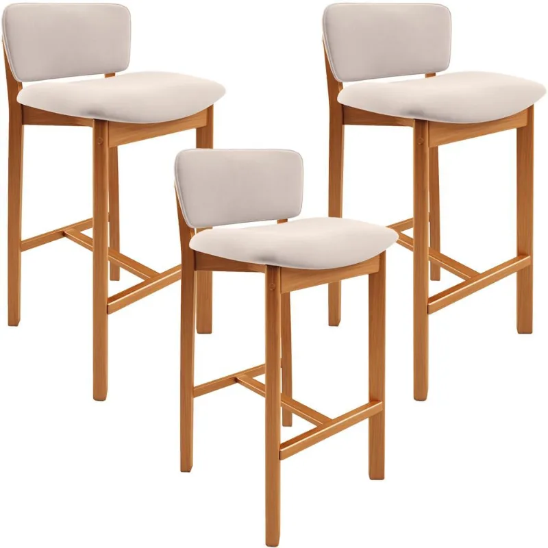 Kit 03 Banquetas Alta Para Cozinha Sala de Jantar Bar Dara L02 Suede Bege - Lyam Decor - Lyam Decor