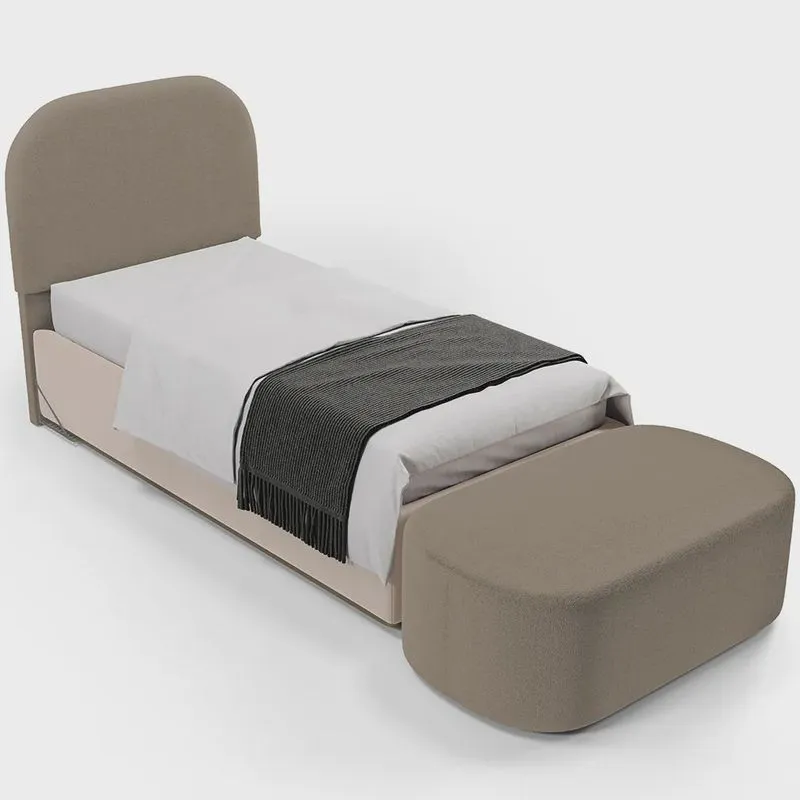 Cabeceira Cama Box 100cm Lanna com Puff Recamier Doha W01 Bouclê Bege - Lyam Decor