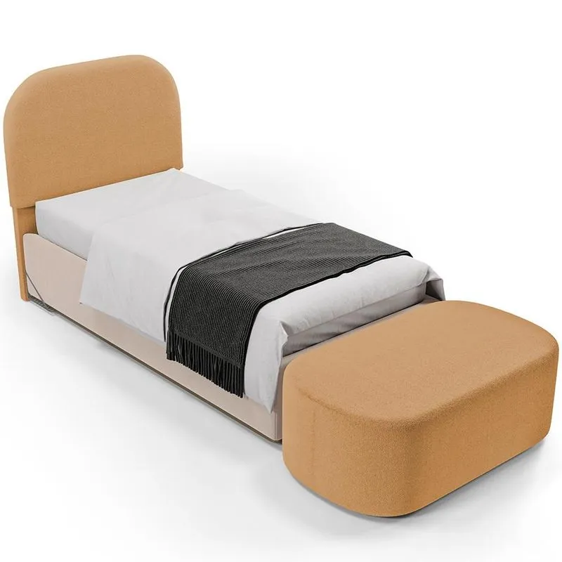 Cabeceira Cama Box 100cm Lanna com Puff Recamier Doha W01 Bouclê Mostarda - Lyam Decor
