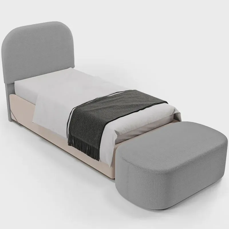 Cabeceira Cama Box 100cm Lanna com Puff Recamier Doha W01 Bouclê Cinza - Lyam Decor
