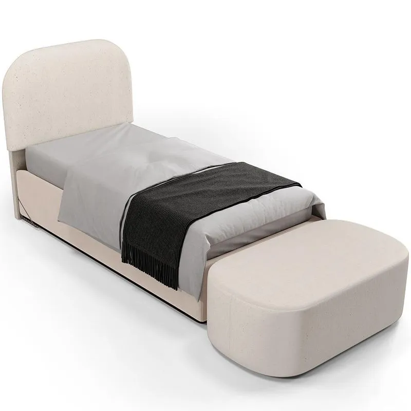 Cabeceira Cama Box 100cm Lanna com Puff Recamier Doha W01 Linho Cru - Lyam Decor