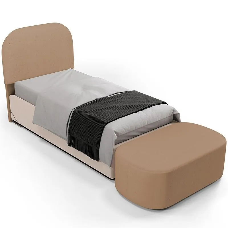 Cabeceira Cama Box 100cm Lanna com Puff Recamier Doha W01 Linho Bege Escuro - Lyam Decor