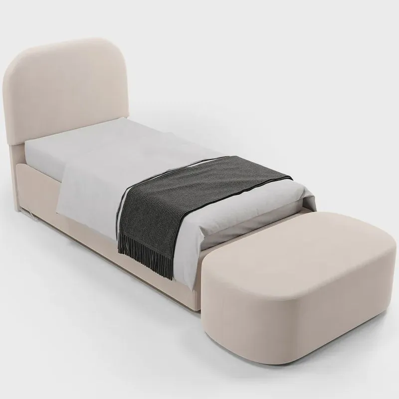 Cabeceira Cama Box 100cm Lanna com Puff Recamier Doha W01 Suede Bege - Lyam Decor