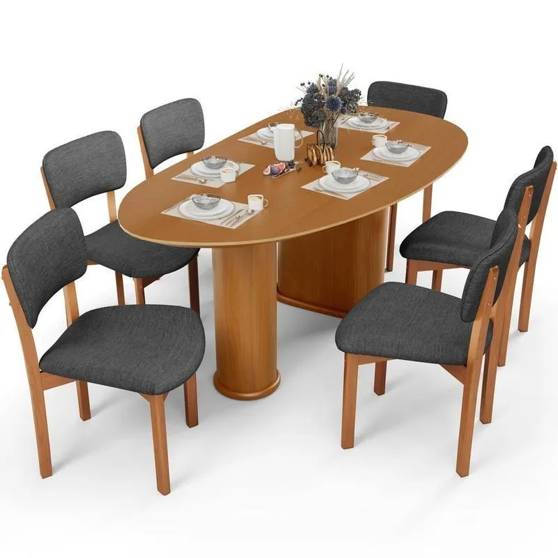 Mesa Para Sala De Jantar Ourense Com 06 Cadeiras Sala De Jantar Dara L02 Linho Cinza Escuro - Lyam Decor