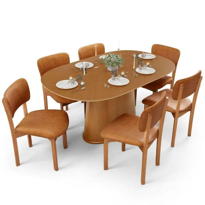 Mesa Para Sala De Jantar Valência Com 06 Cadeiras Sala De Jantar Dara L02 Couríssimo Canela - Lyam Decor