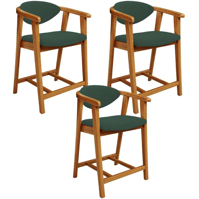 Kit 03 Banquetas Baixa Para Cozinha Sala Jantar Bancada Cecília L02 Suede Verde Musgo - Lyam Decor
