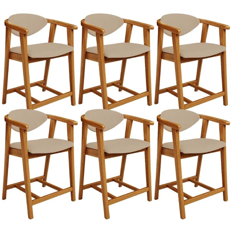 Kit 06 Banquetas Baixa Para Cozinha Sala Jantar Bancada Cecília L02 Linho Bege Escuro - Lyam Decor
