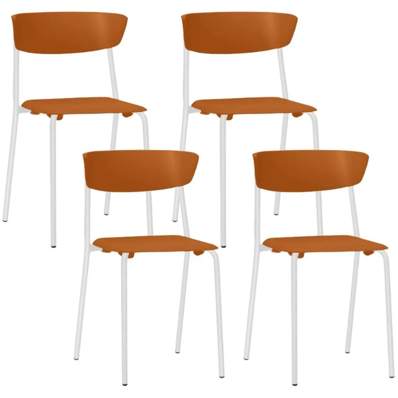 Kit 04 Cadeiras Empilhável Fixa Atom F02 Base Aço Branco Laranja - Lyam Decor - Lyam Decor