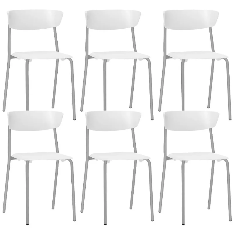 Kit 06 Cadeiras Empilhável Fixa Atom F02 Base Aço Cinza Branco - Lyam Decor